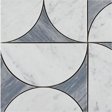 Prezio Stone Crescent Quadrant Waterjet Mosaic, Carrara, Nero, and Verde Marble - c1 finish swatch