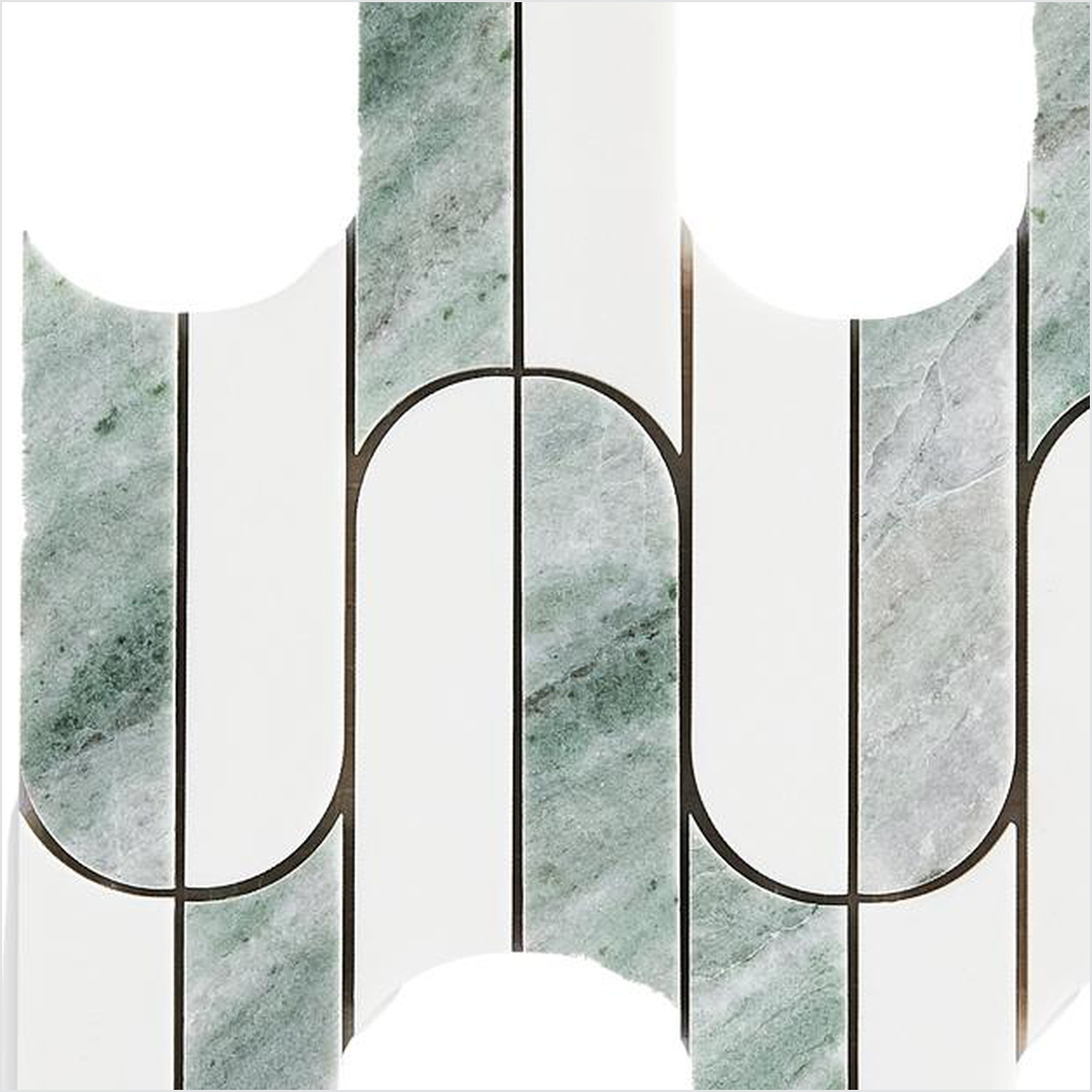 Prezio Stone Interlocking Arch Waterjet Mosaic, Green and Grey Blue Marble - c1 finish swatch