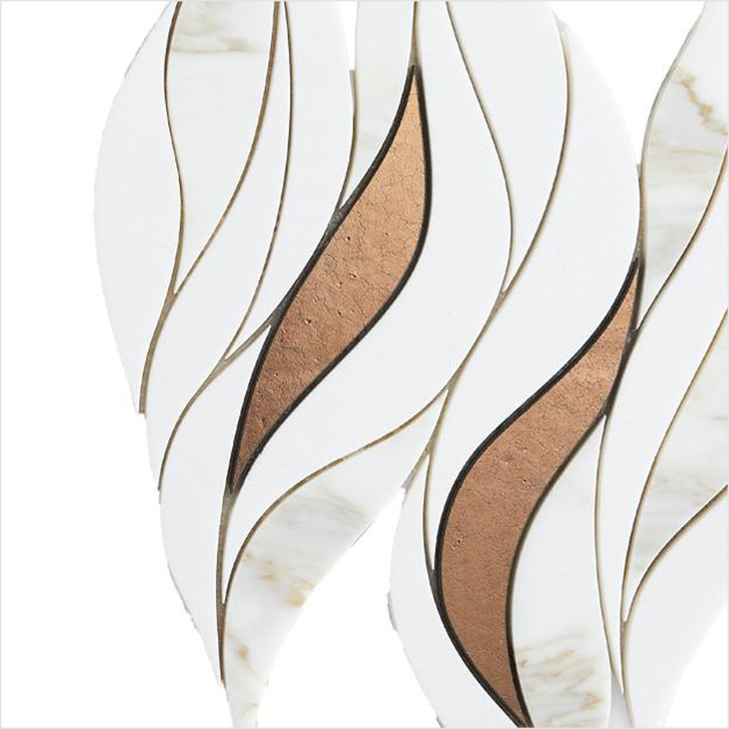Prezio Stone Flame Leaf Waterjet Mosaic with Metallic Inlay, White Marble - c1 finish swatch