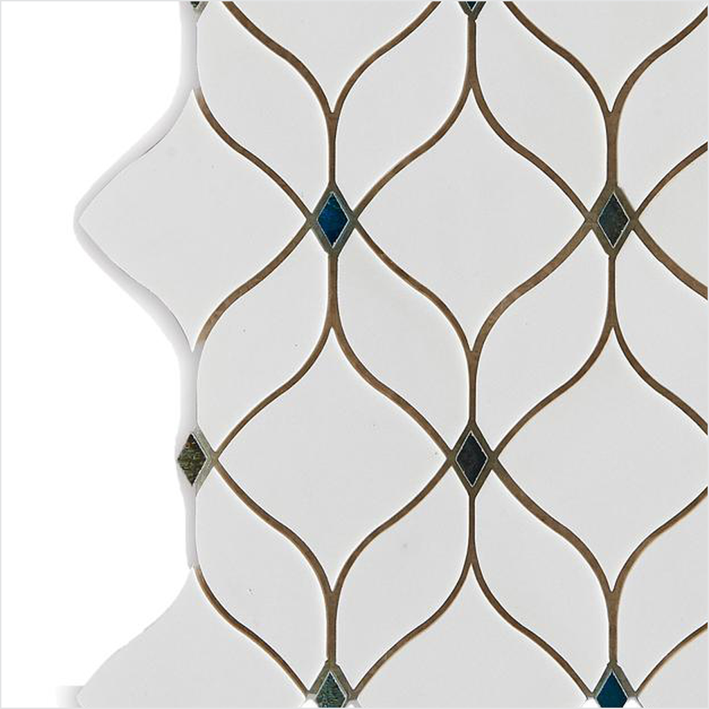 Prezio Stone Lantern Trellis Waterjet Mosaic with Brass Inlay, White Marble - c1 finish swatch