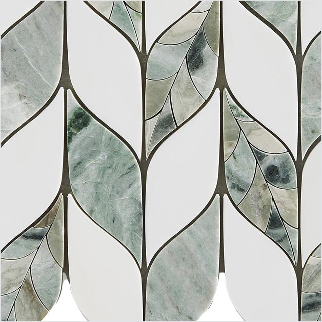 Prezio Stone Leaf Chevron Waterjet Mosaic, Jade, Calacatta, and Azul Marble - c1 finish swatch