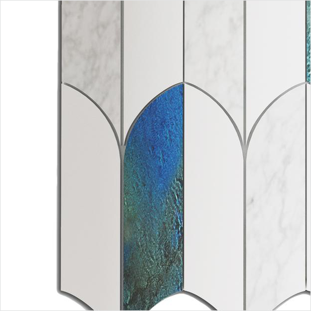 Prezio Stone Arched Plume Waterjet Mosaic with Patina Inlay, White and Black Marble - c1 finish swatch