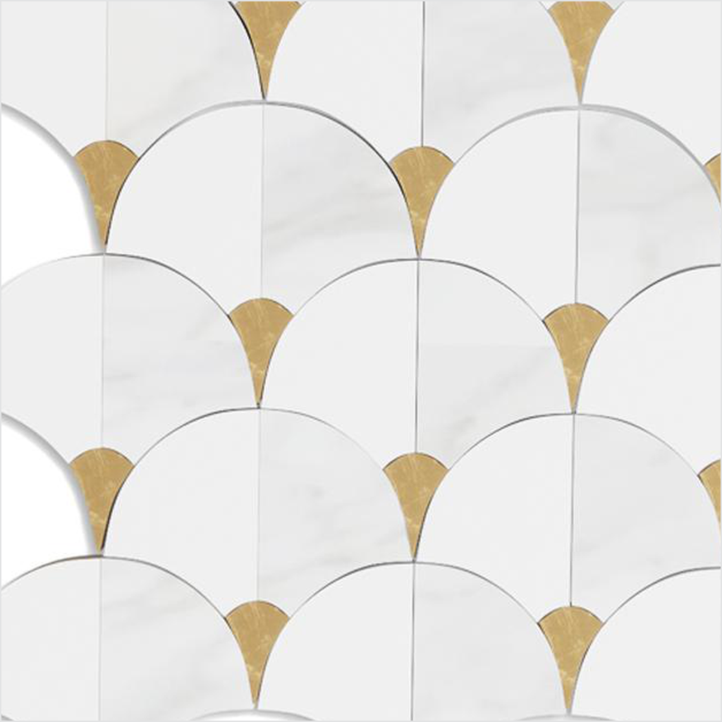 Prezio Stone Scallop Fan Waterjet Mosaic with Brass Wedges, Polished Marble - c1 finish swatch