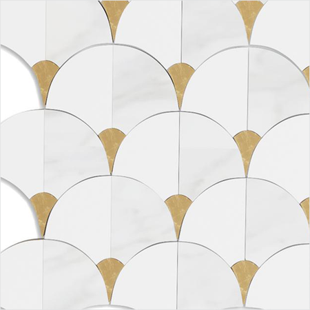 Prezio Stone Scallop Fan Waterjet Mosaic with Brass Wedges, Polished Marble - c1 finish swatch