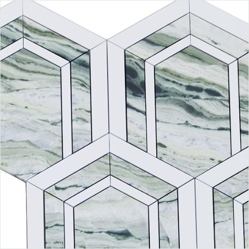Prezio Stone Framed Hexagon Waterjet Mosaic, Verde and Navy Marble - c1 finish swatch