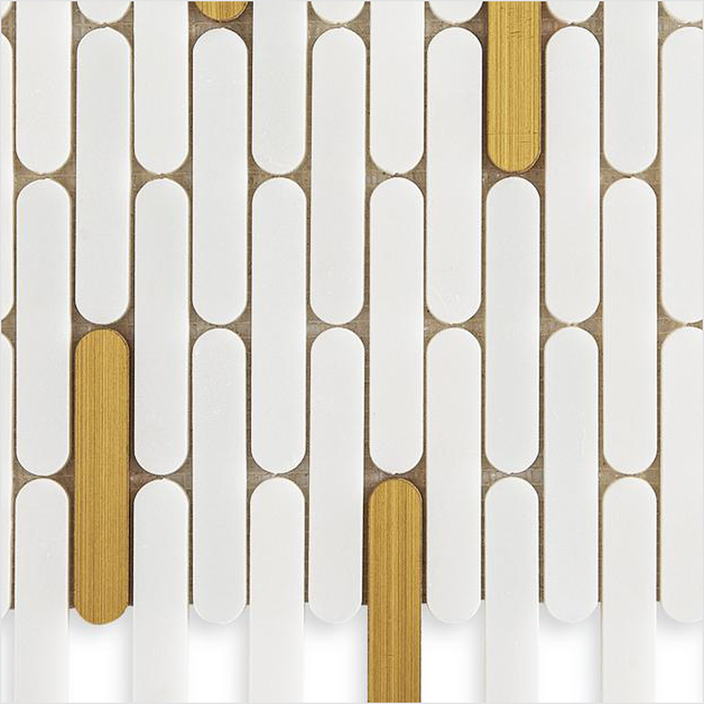 Prezio Stone Piano Key Linear Mosaic with Brass Batons, White and Black Marble - c1 finish swatch