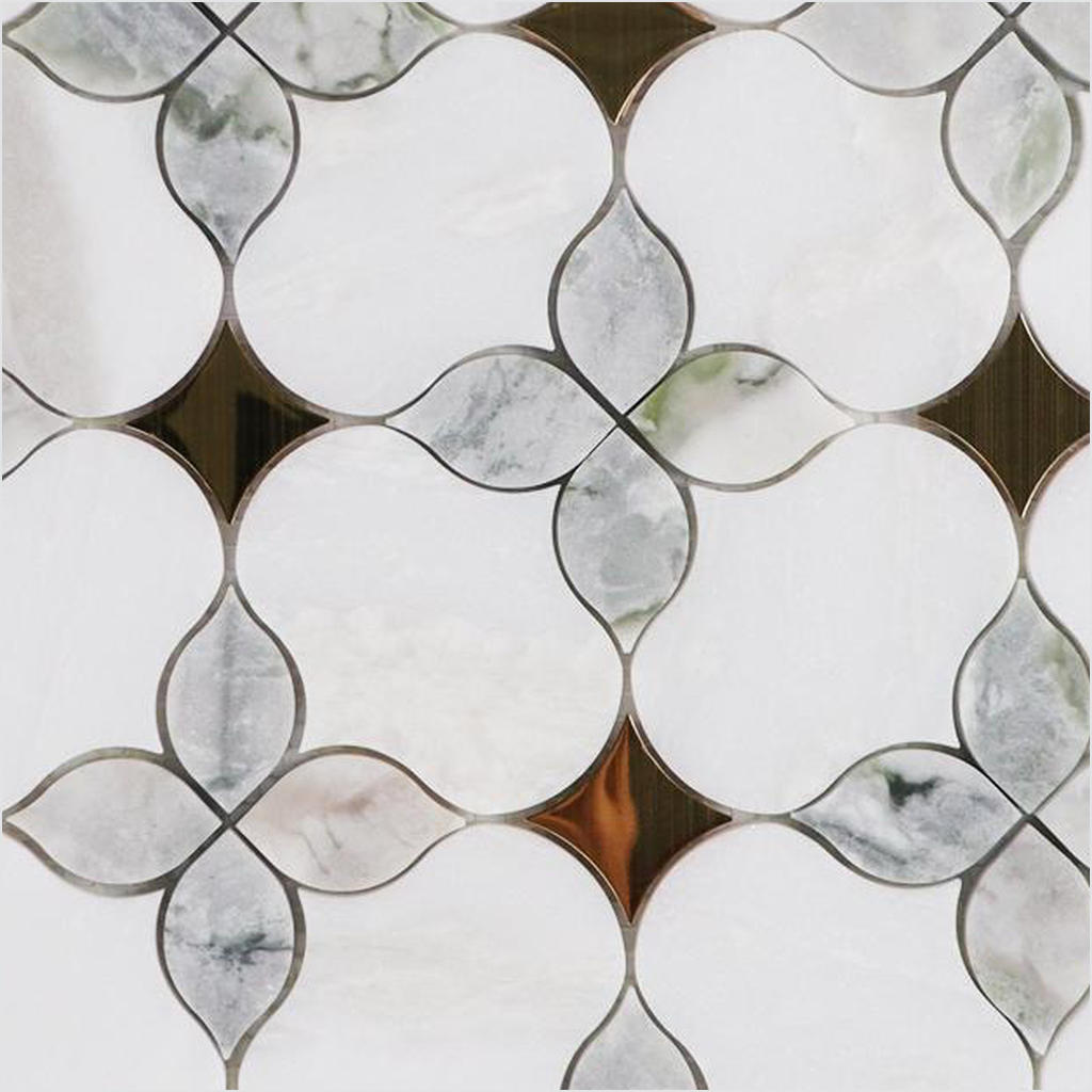 Prezio Stone Petal Blossom Waterjet Mosaic with Brass Dots, Calacatta and Grey Marble - c1 finish swatch