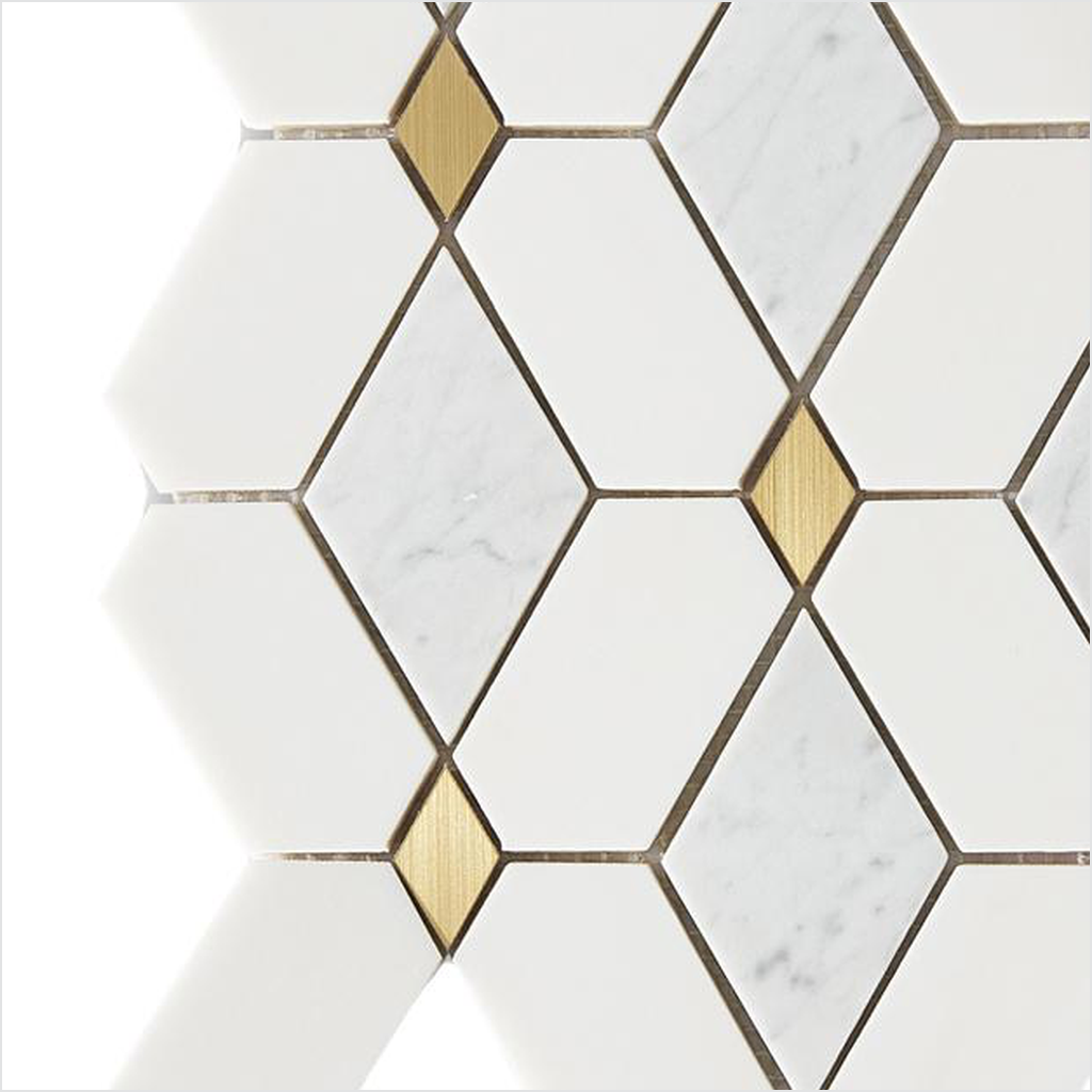 Prezio Stone Cube Lozenge Waterjet Mosaic with Brass Dots, Calacatta, Verde, and Nero Marble - c1 finish swatch