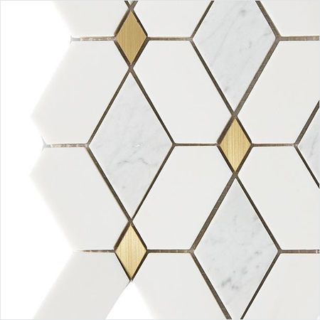 Prezio Stone Cube Lozenge Waterjet Mosaic with Brass Dots, Calacatta, Verde, and Nero Marble - c1 finish swatch