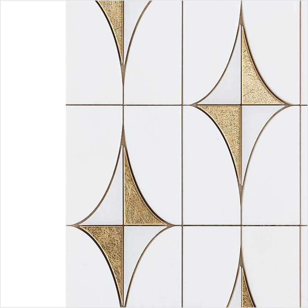 Prezio Stone Star and Pill Lattice Waterjet Mosaic with Brass Inlay, White Marble - c1 finish swatch