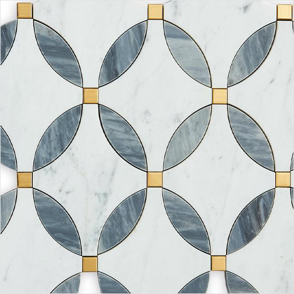 Prezio Stone Coin Ellipse Waterjet Mosaic with Brass Dots, Blue Grey and Nero Marble - c1 finish swatch