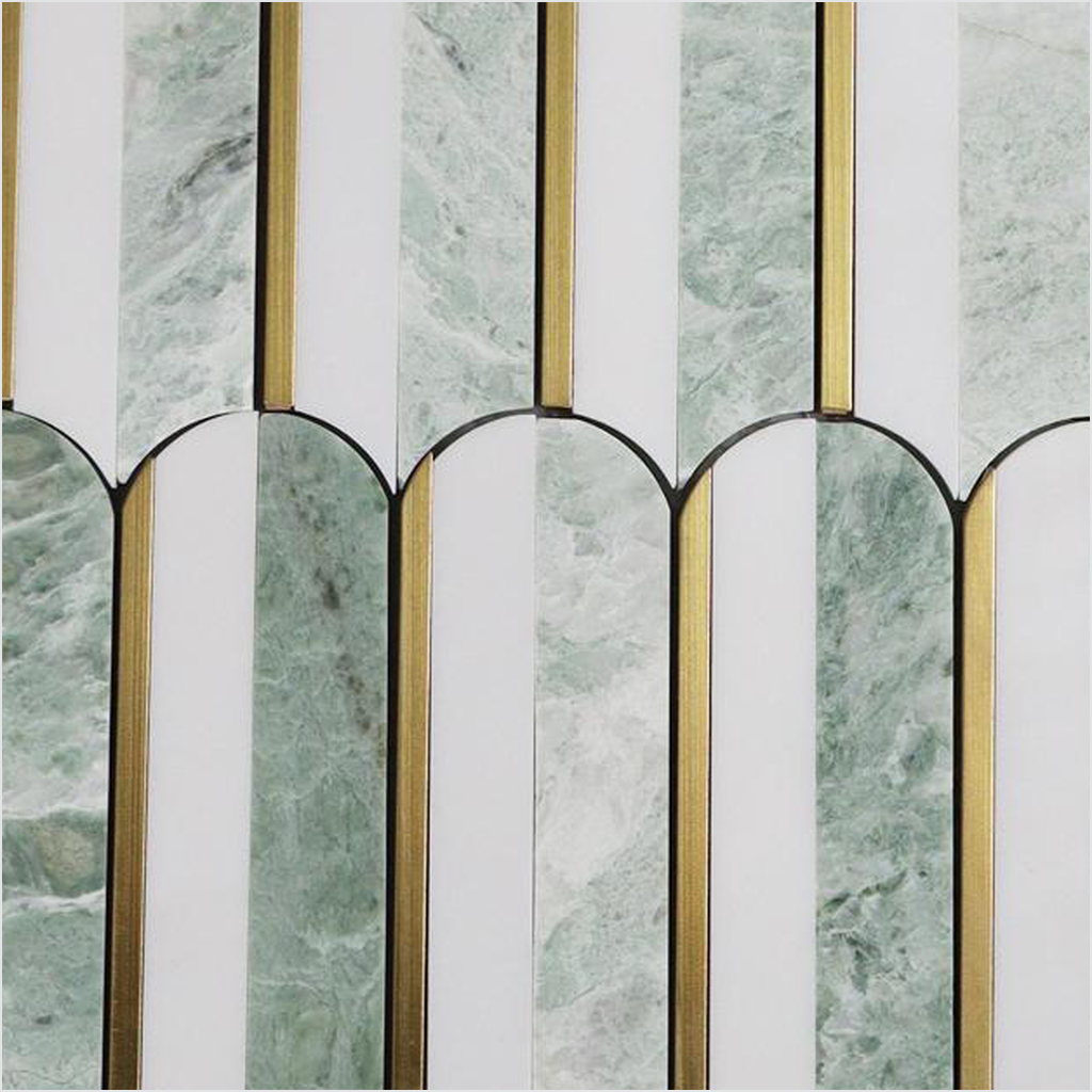 Prezio Stone Scalloped Column Waterjet Mosaic with Brass Lines, Green and Black Marble - c1 finish swatch
