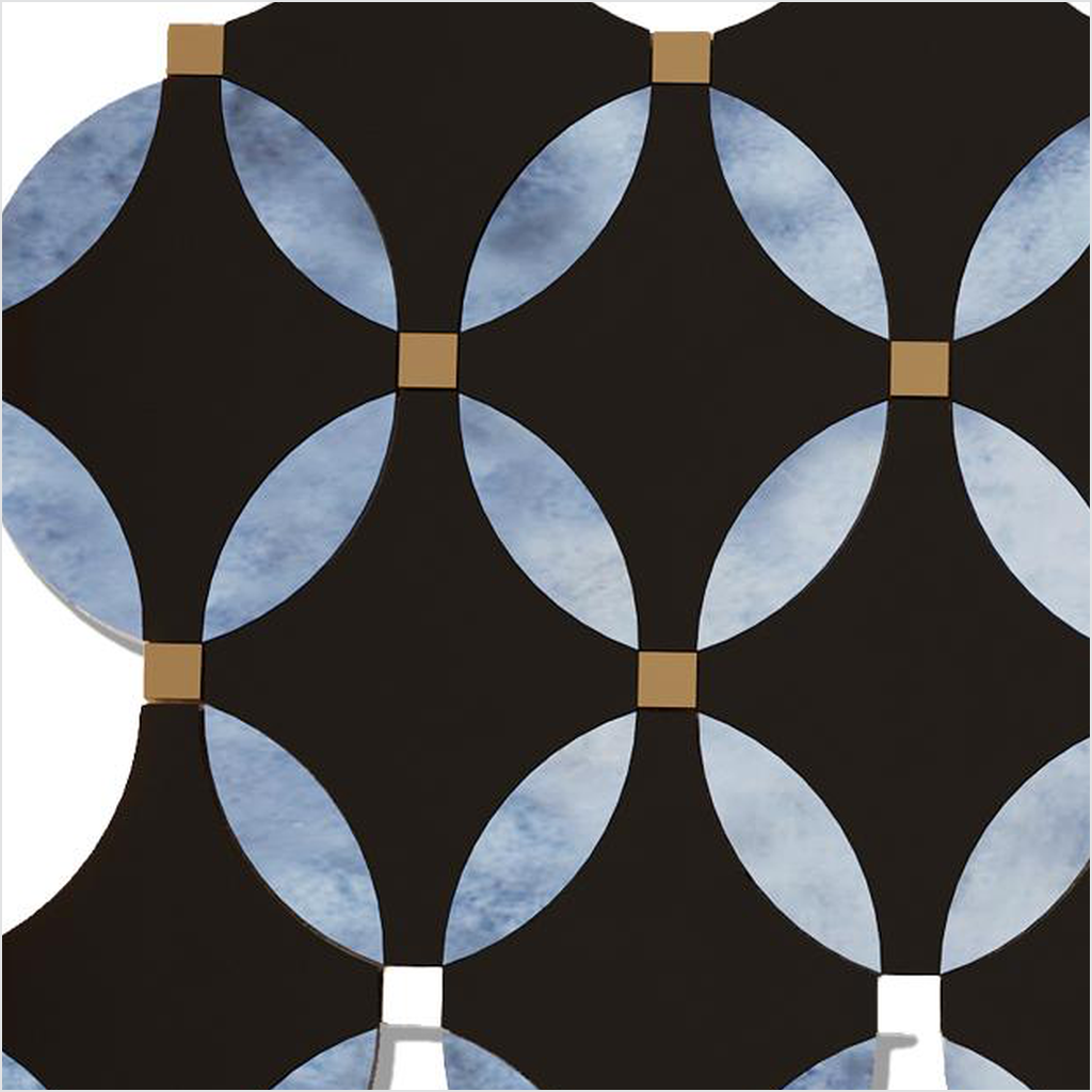 Prezio Stone Coin Ellipse Waterjet Mosaic with Brass Dots, Blue Grey and Nero Marble - c2 finish swatch