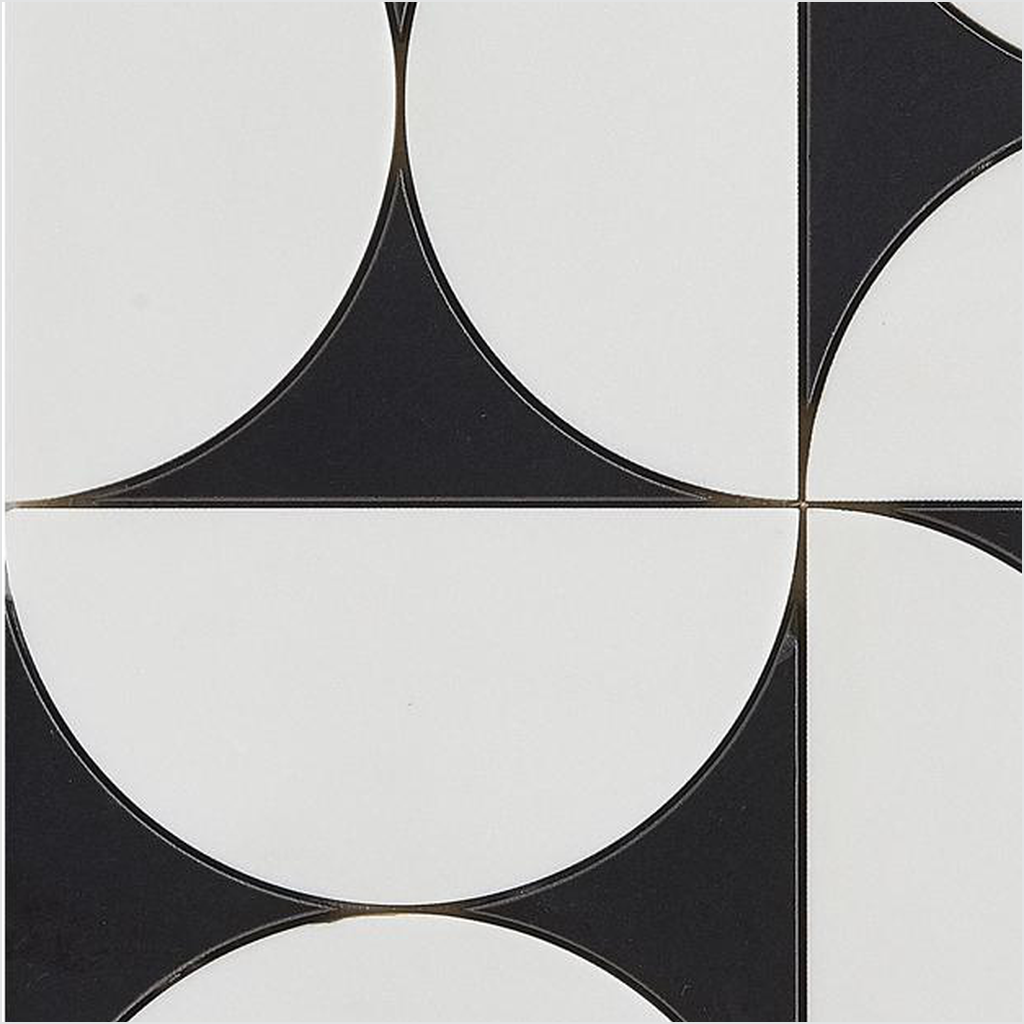 Prezio Stone Crescent Quadrant Waterjet Mosaic, Carrara, Nero, and Verde Marble - c2 finish swatch