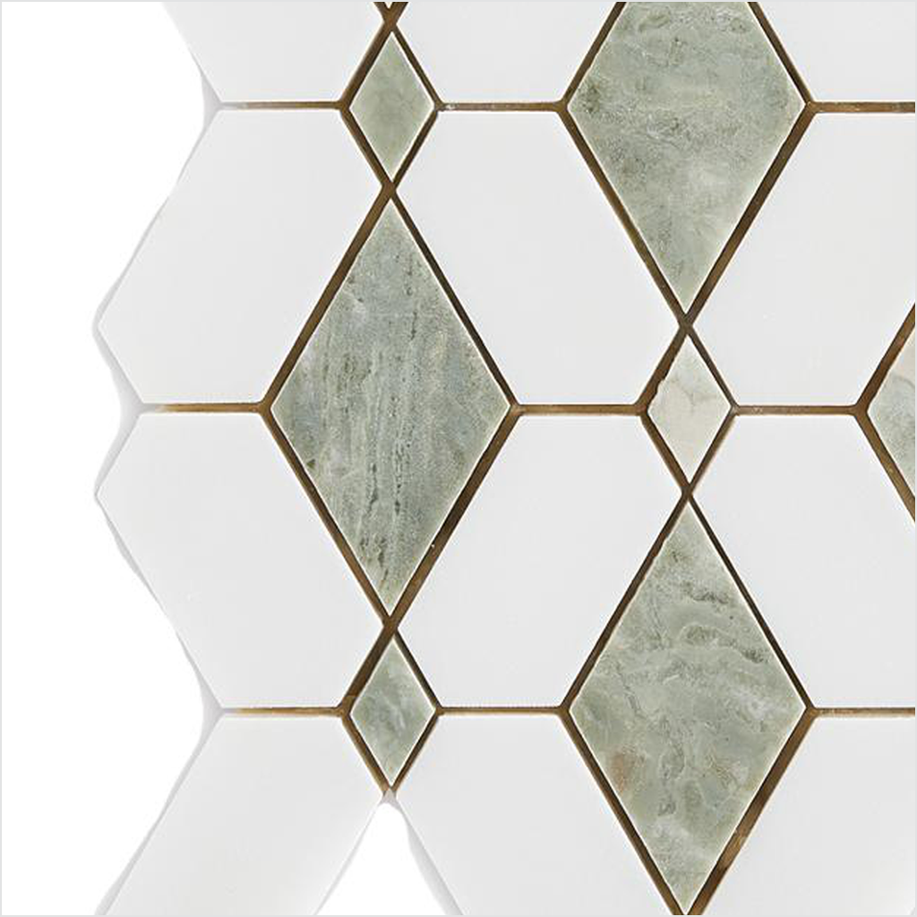Prezio Stone Cube Lozenge Waterjet Mosaic with Brass Dots, Calacatta, Verde, and Nero Marble - c2 finish swatch