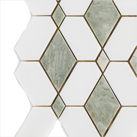 Prezio Stone Cube Lozenge Waterjet Mosaic with Brass Dots, Calacatta, Verde, and Nero Marble - c2 finish swatch