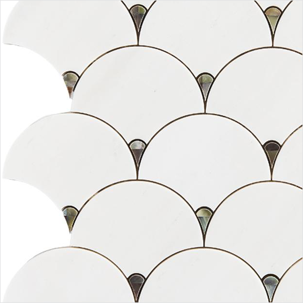 Prezio Stone Plume Fan Waterjet Mosaic with Brass Outline, White Marble - c2 finish swatch