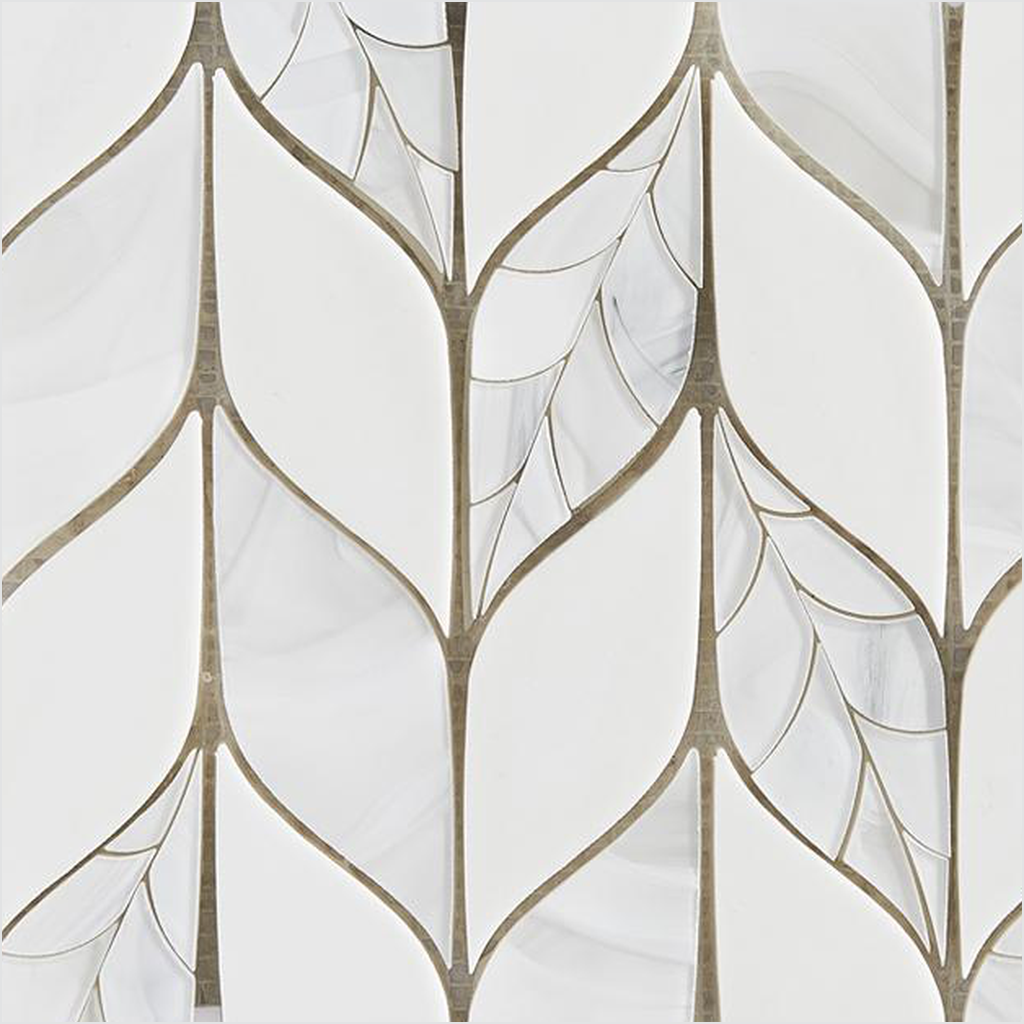 Prezio Stone Leaf Chevron Waterjet Mosaic, Jade, Calacatta, and Azul Marble - c2 finish swatch