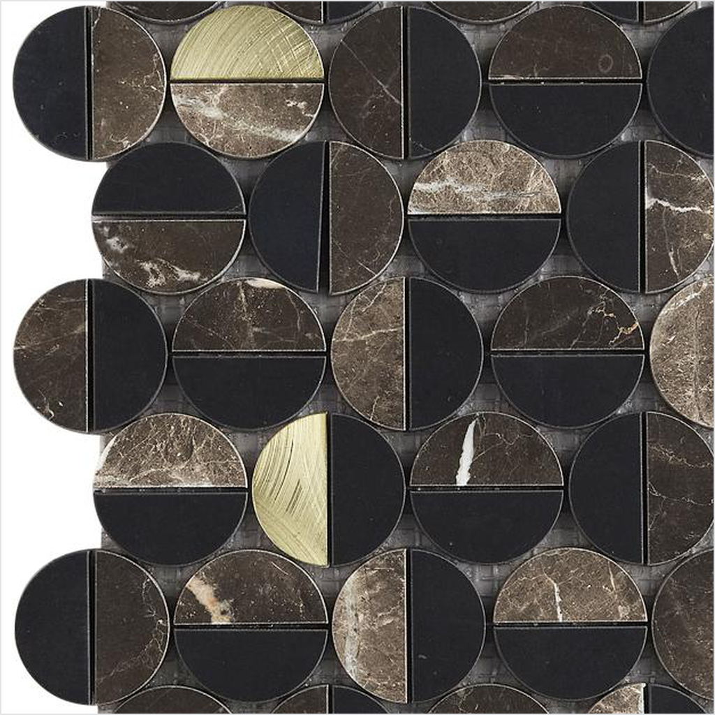 Prezio Stone Penny Coin Mosaic with Brass Dots, White and Black Marble - c2 finish swatch