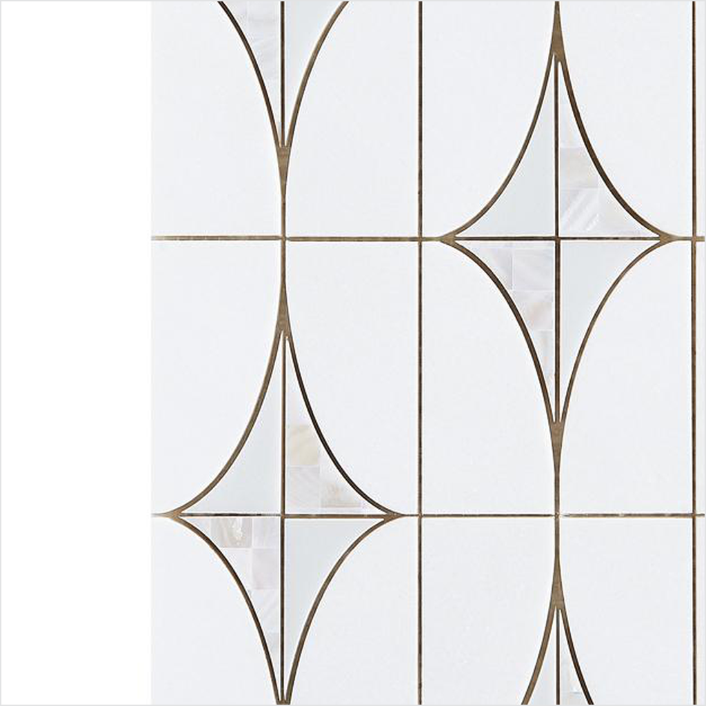 Prezio Stone Star and Pill Lattice Waterjet Mosaic with Brass Inlay, White Marble - c2 finish swatch
