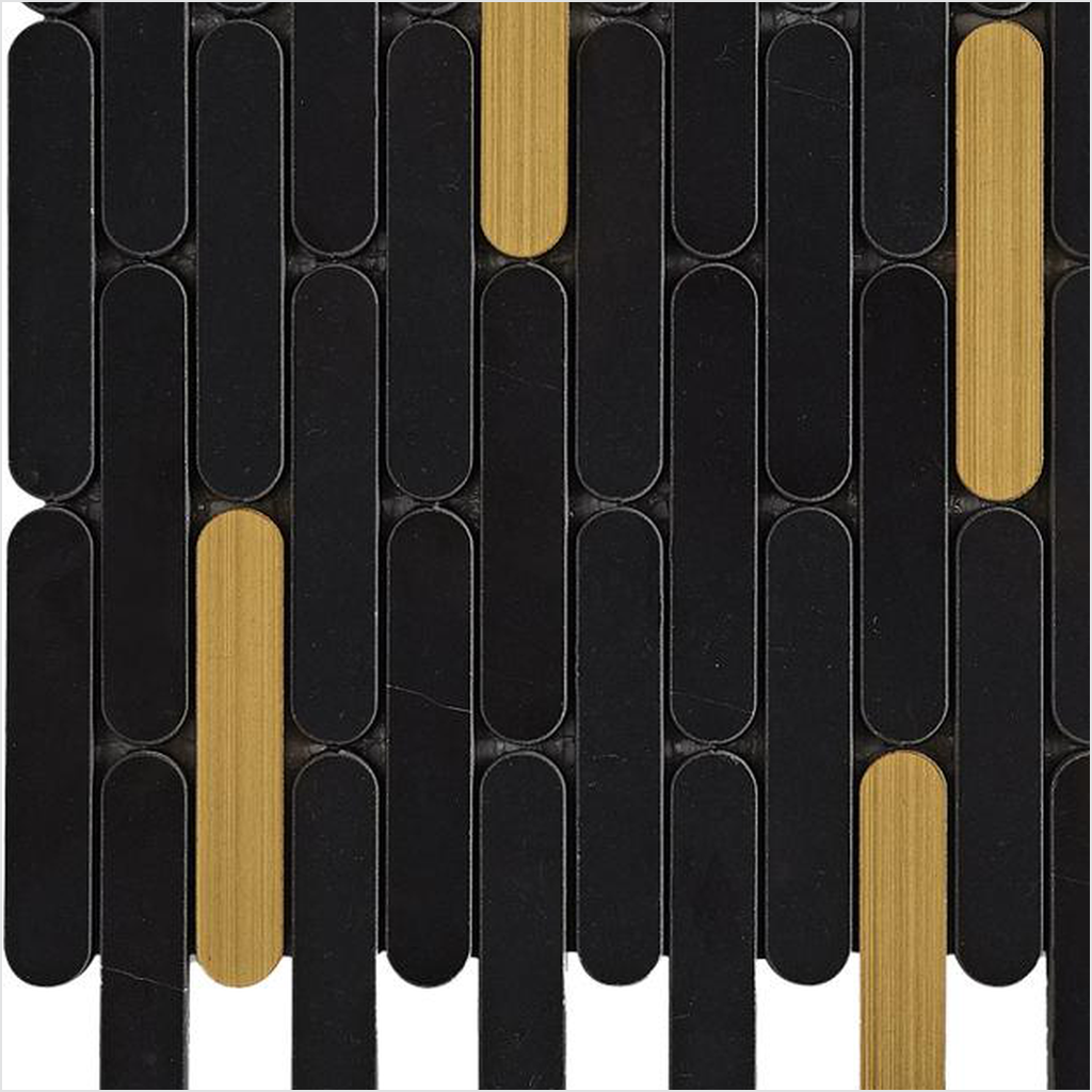 Prezio Stone Piano Key Linear Mosaic with Brass Batons, White and Black Marble - c2 finish swatch
