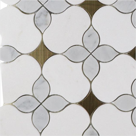 Prezio Stone Petal Blossom Waterjet Mosaic with Brass Dots, Calacatta and Grey Marble - c2 finish swatch