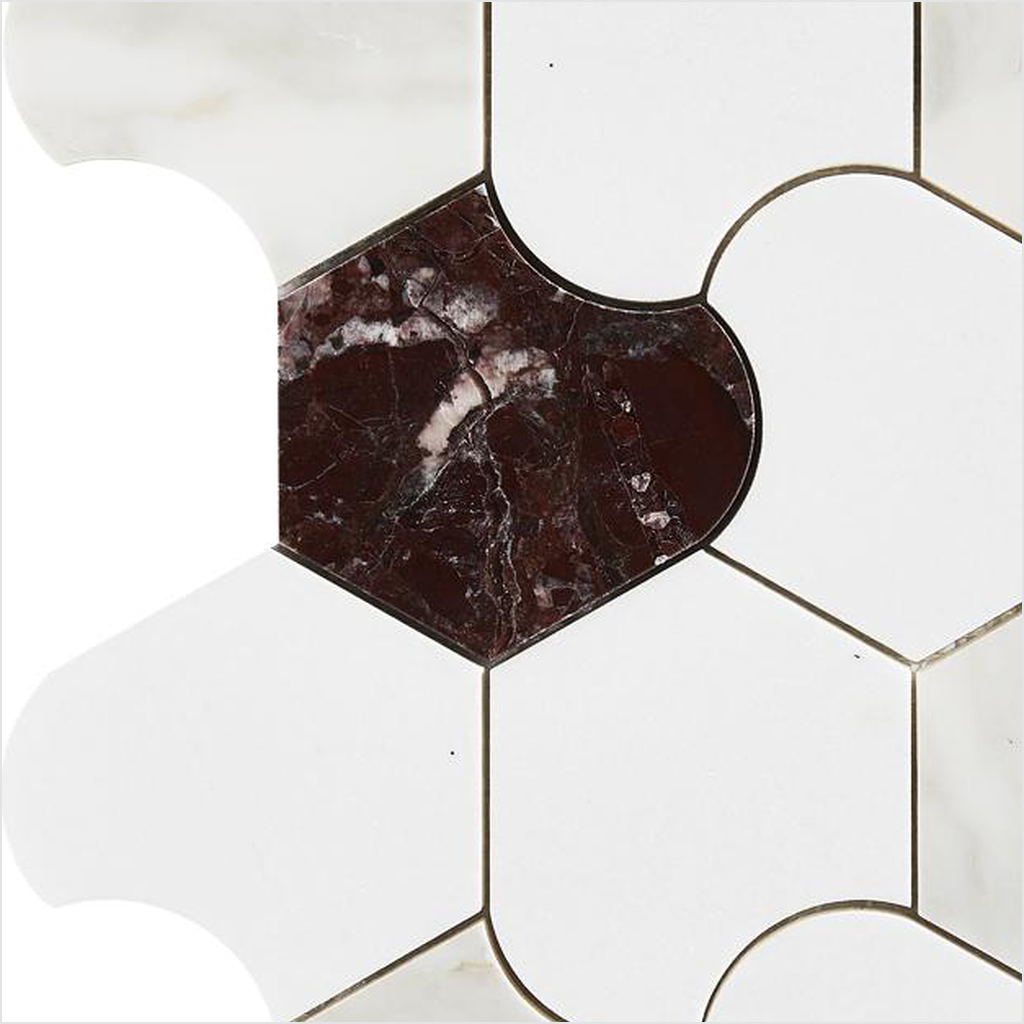 Prezio Stone Organic Interlock Waterjet Mosaic, Verde and Calacatta Marble - c2 finish swatch