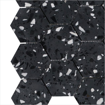 Prezio Stone Grand Hexagon Mosaic, Bamboo Green Marble and Black Terrazzo - c2 finish swatch