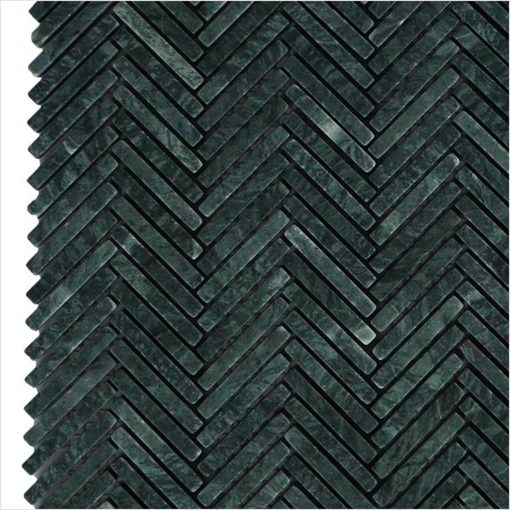 Prezio Stone Verde Herringbone Mosaic, Green Marble Strip Sheet - c2 finish swatch