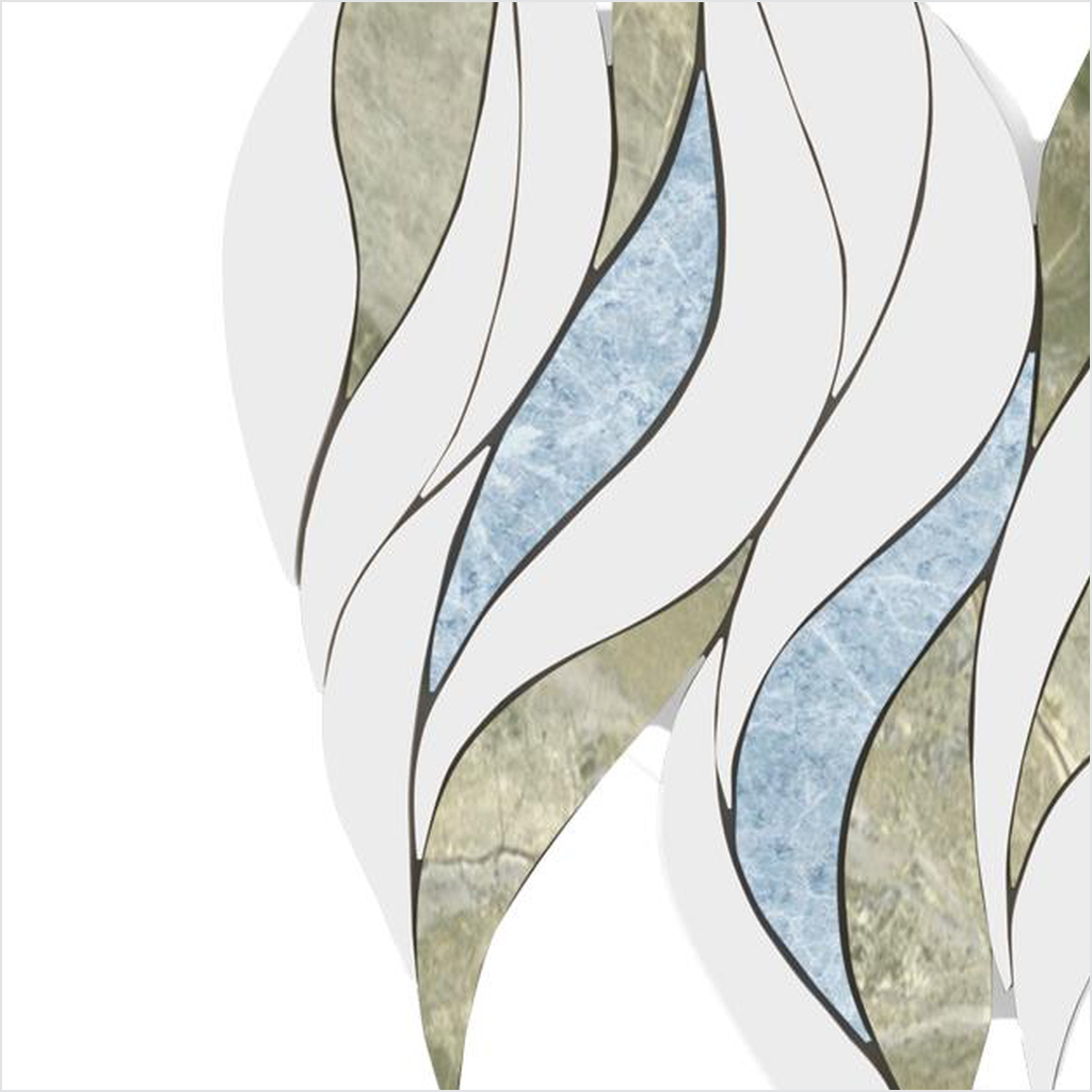 Prezio Stone Flame Leaf Waterjet Mosaic with Metallic Inlay, White Marble - c2 finish swatch