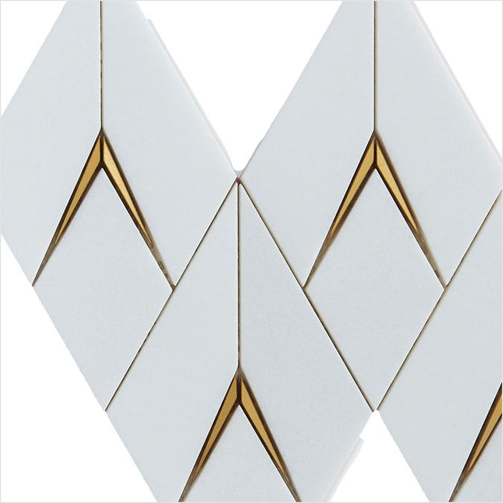 Prezio Stone Dimensional Rhombus Waterjet Mosaic, Marble with Metal Chevron Inlay - c3 finish swatch