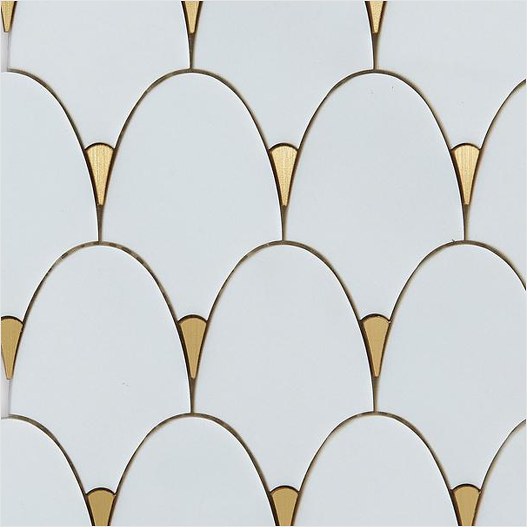 Prezio Stone Fish Scale Fan Waterjet Mosaic with Brass Tips, Polished Marble - c3 finish swatch