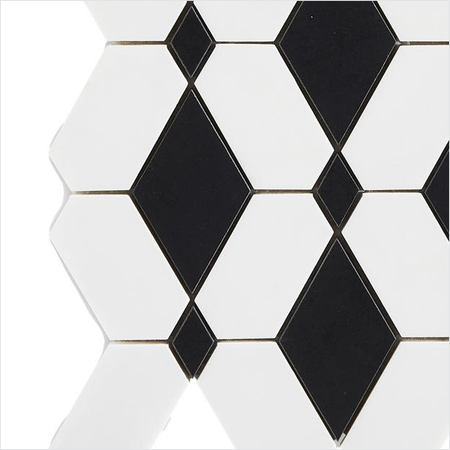 Prezio Stone Cube Lozenge Waterjet Mosaic with Brass Dots, Calacatta, Verde, and Nero Marble - c3 finish swatch