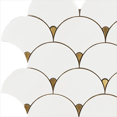 Prezio Stone Plume Fan Waterjet Mosaic with Brass Outline, White Marble - c3 finish swatch