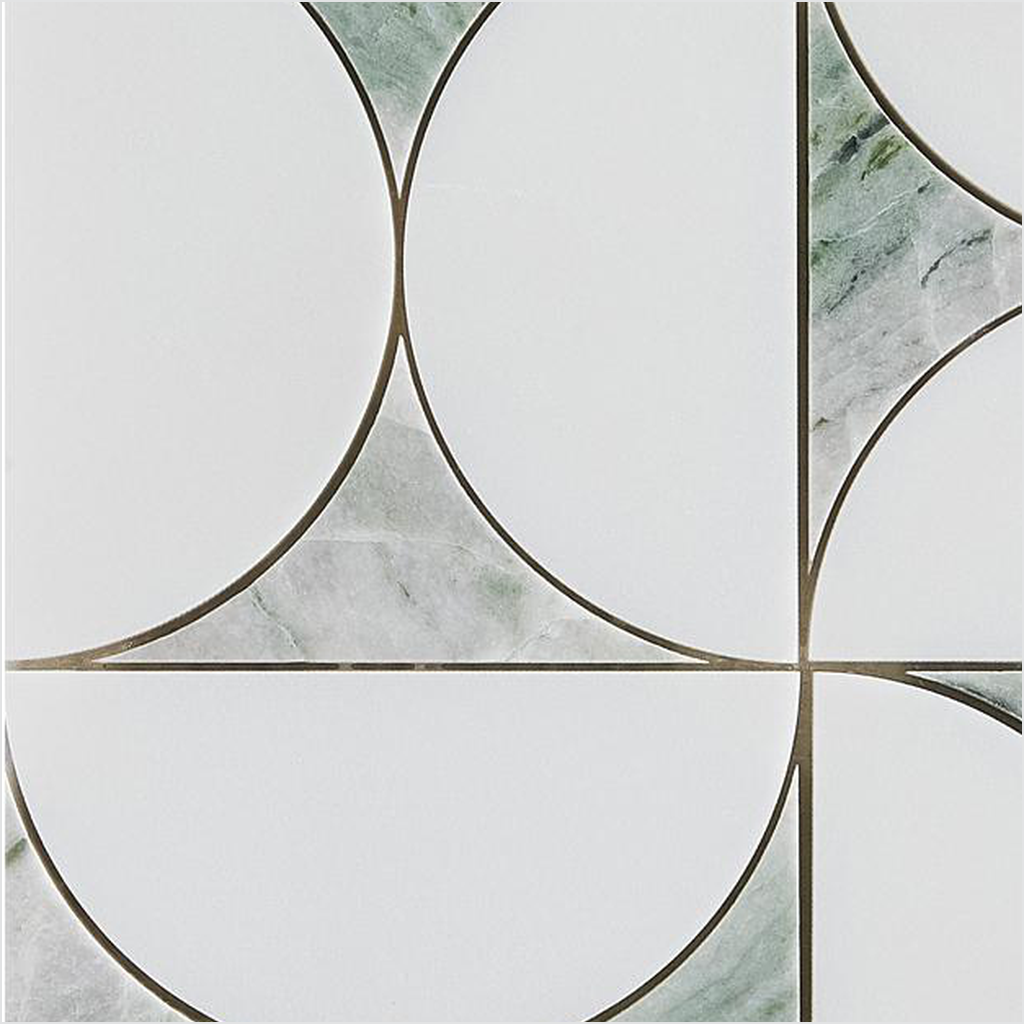 Prezio Stone Crescent Quadrant Waterjet Mosaic, Carrara, Nero, and Verde Marble - c3 finish swatch