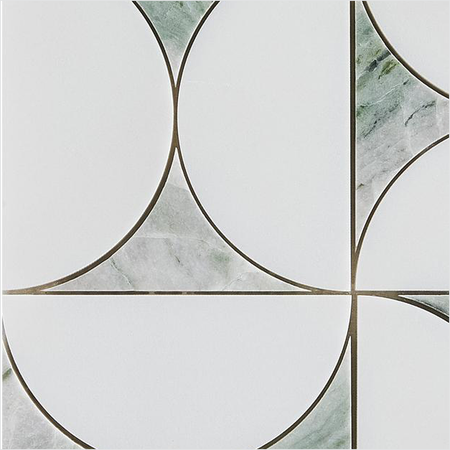 Prezio Stone Crescent Quadrant Waterjet Mosaic, Carrara, Nero, and Verde Marble - c3 finish swatch