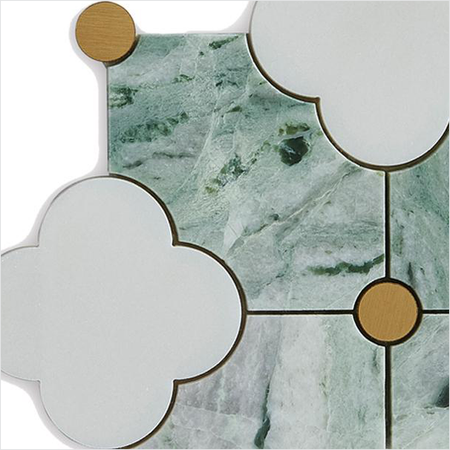Prezio Stone Quatrefoil Clover Waterjet Mosaic with Brass Dots, Marble and Onyx - c4 finish swatch