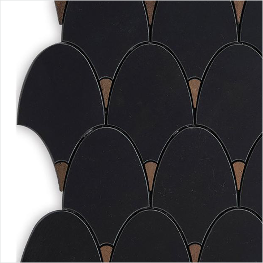 Prezio Stone Fish Scale Fan Waterjet Mosaic with Brass Tips, Polished Marble - c4 finish swatch