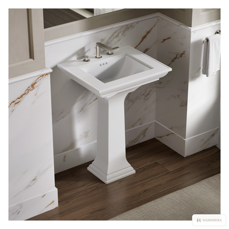 Namimera 25 in. Rectangular Fireclay Pedestal Bathroom Sink Combo, 8 in. Widespread, White - installed view